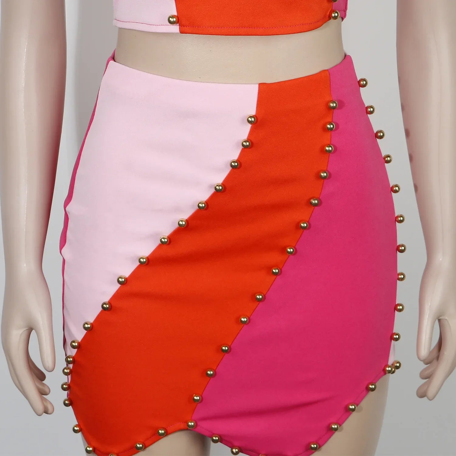 Beaded Colorblocked Sleeveless Tank Top and Midi Bodycon Skirt Two-Piece Set for Women Milanni Fashion