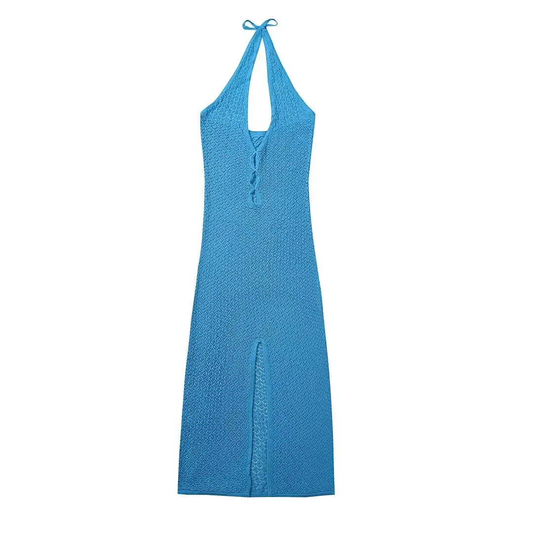 2024 Autumn Women's Street Style Fashion Slim Casual Halter Knitted Slit Dress Midi Dress Milanni Fashion BLUE S 