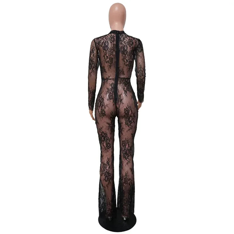 Black Lace Sheer Sexy Night Club Long Sleeve One-Piece Wide Leg Jumpsuit for Women Summer Outfit Milanni Fashion