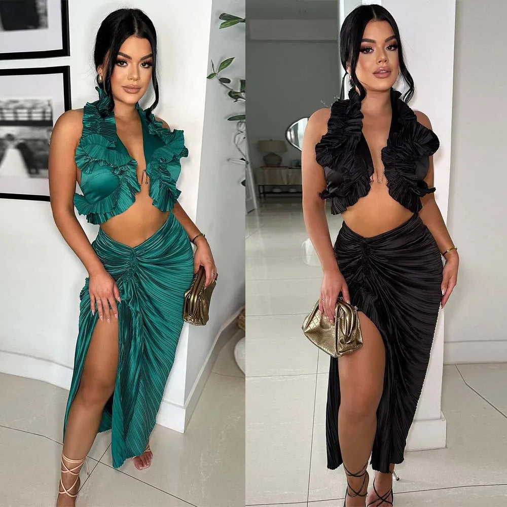 Pleated Ruffle Elegant Luxury Dress 2024 Beach Wear Sexy Club Outfit Two Piece Skirt Set  Milanni Fashion   