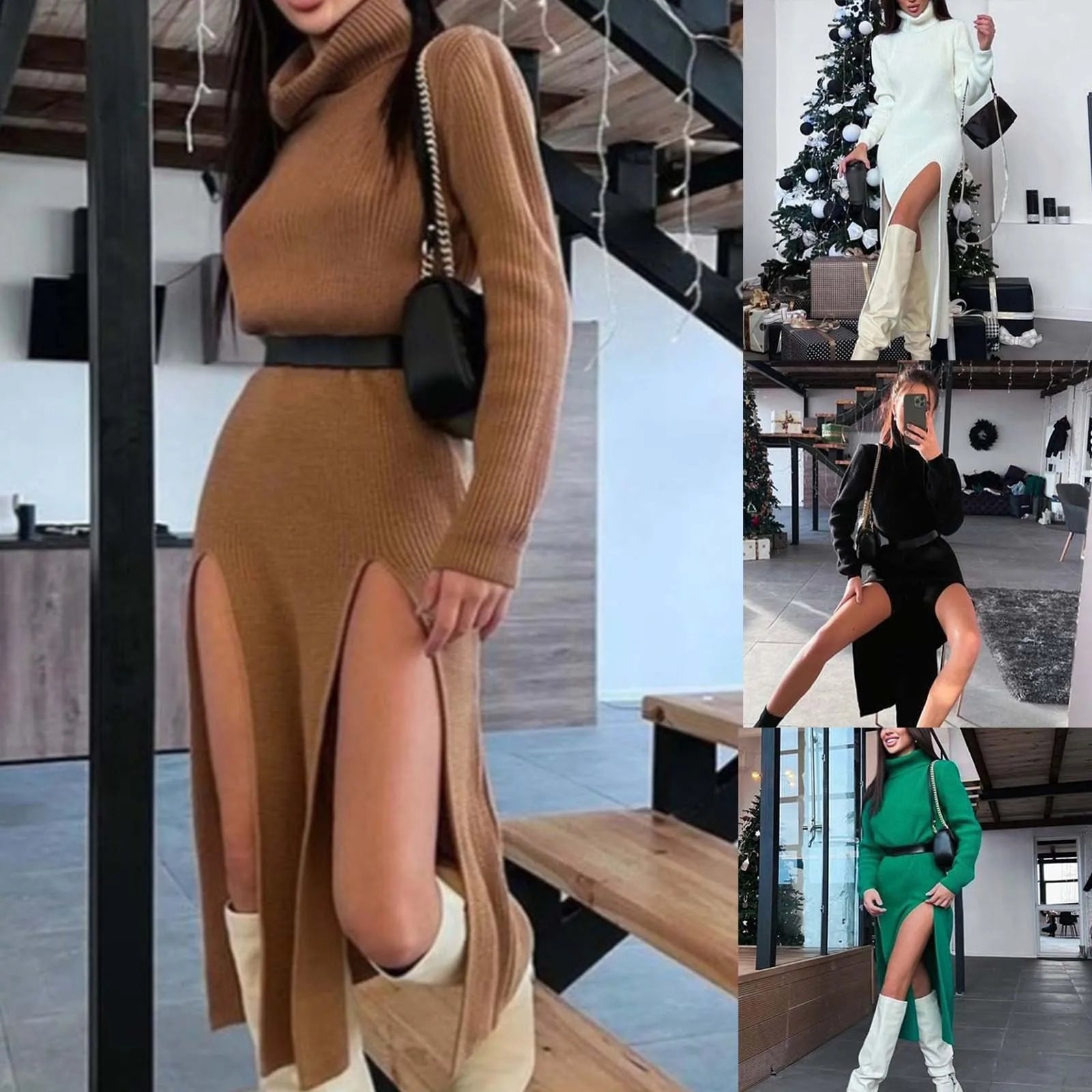 Sexy Bodycon Slit Knitted Sweater Dress Long Sleeve Turtleneck High Split Thigh Woolen Sweater Dress  Milanni Fashion   