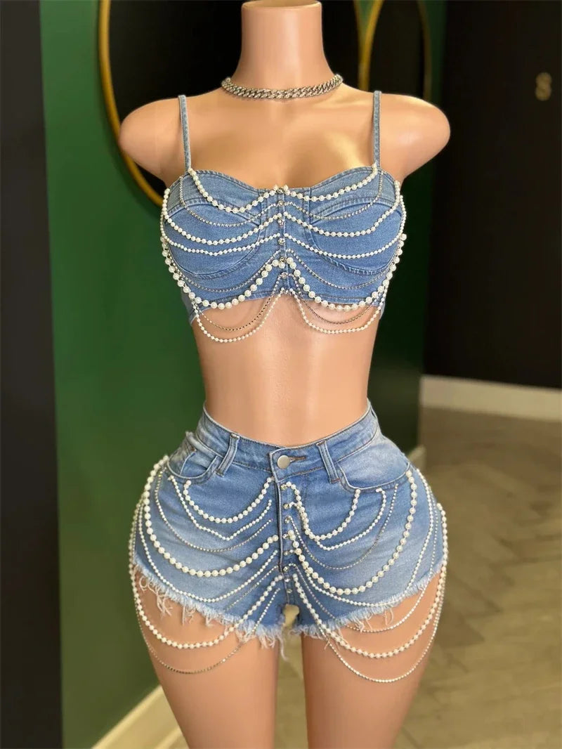 Strapless Pearl Beaded Denim Set Sexy Two Piece Jean Outfit with Top & Shorts for Women Milanni Fashion