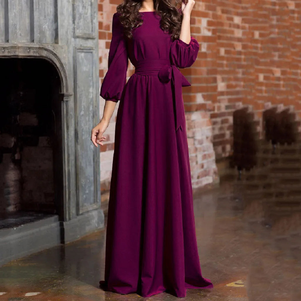 Women's Lantern Sleeve Long Party Dress Vintage Bow Tie Maxi Dress Maxi Dress Milanni Fashion Purple 5XL CN