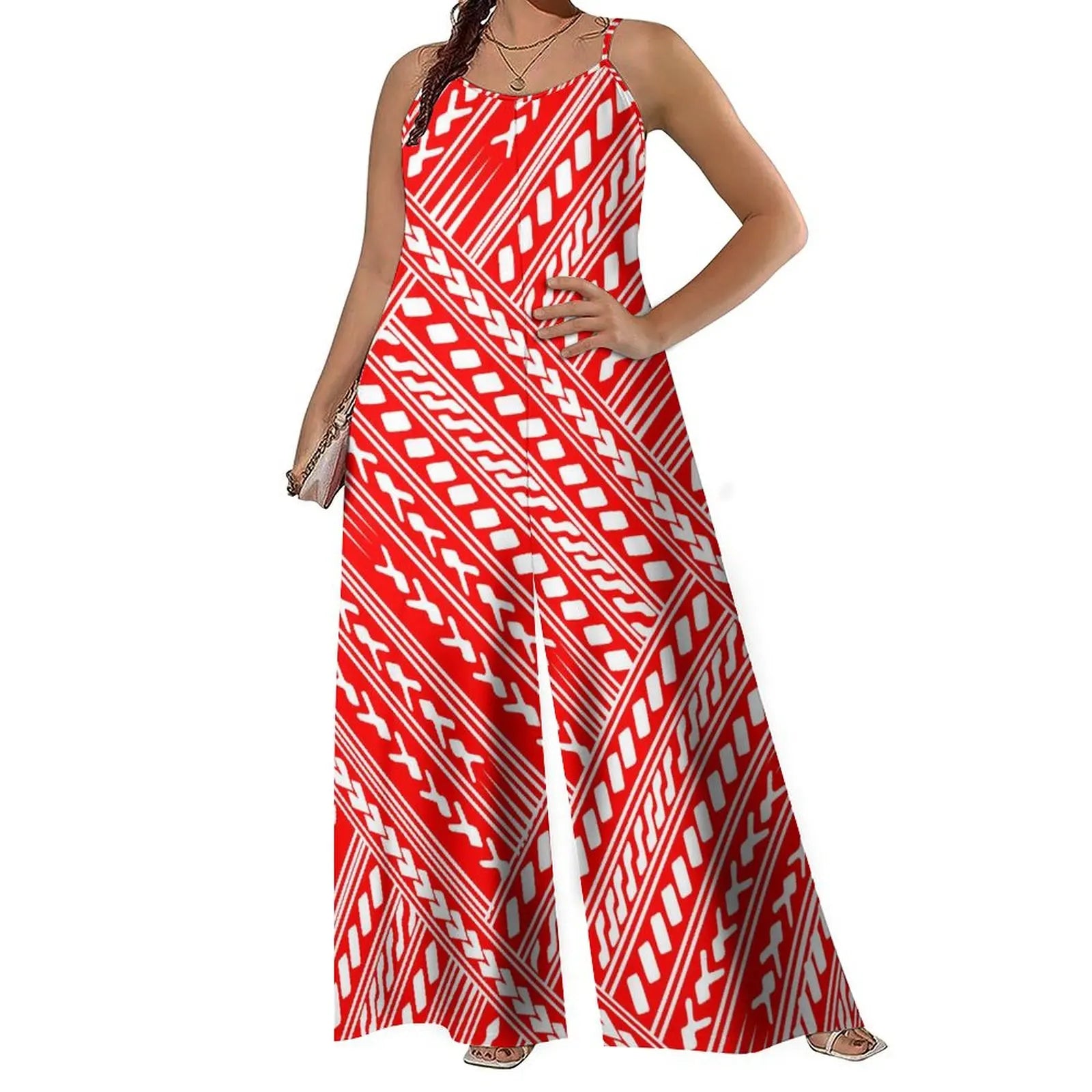 Halter Jumpsuit Wide Leg Loose Waist Pants with Polynesian Print Summer Casual Long Pantsuit for Women Milanni Fashion