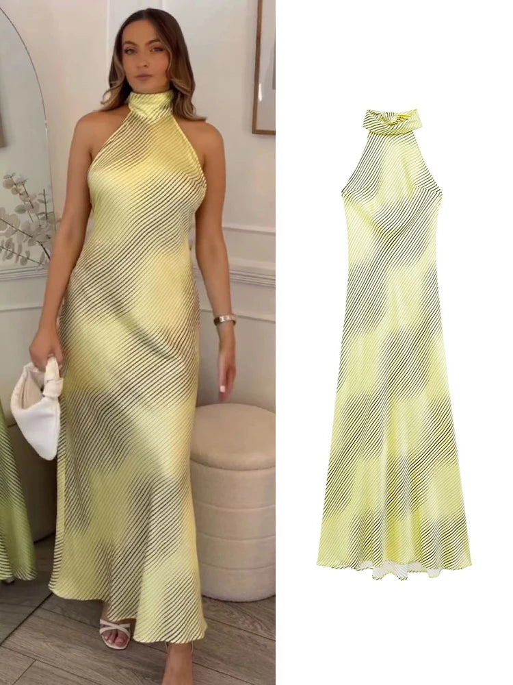 Elegant Women Striped Printed Dress Fashion Sleeveless Bow Tied Halter Dress Maxi Dress Milanni Fashion   