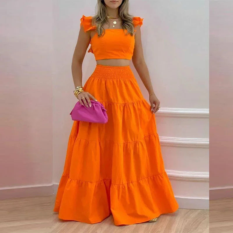 Solid Beach Bohemian Strapless Crop Top and Ruffles Long Skirt Outfit Two Piece Set Chic and Stylish for Summer Vibes Milanni Fashion Orange S