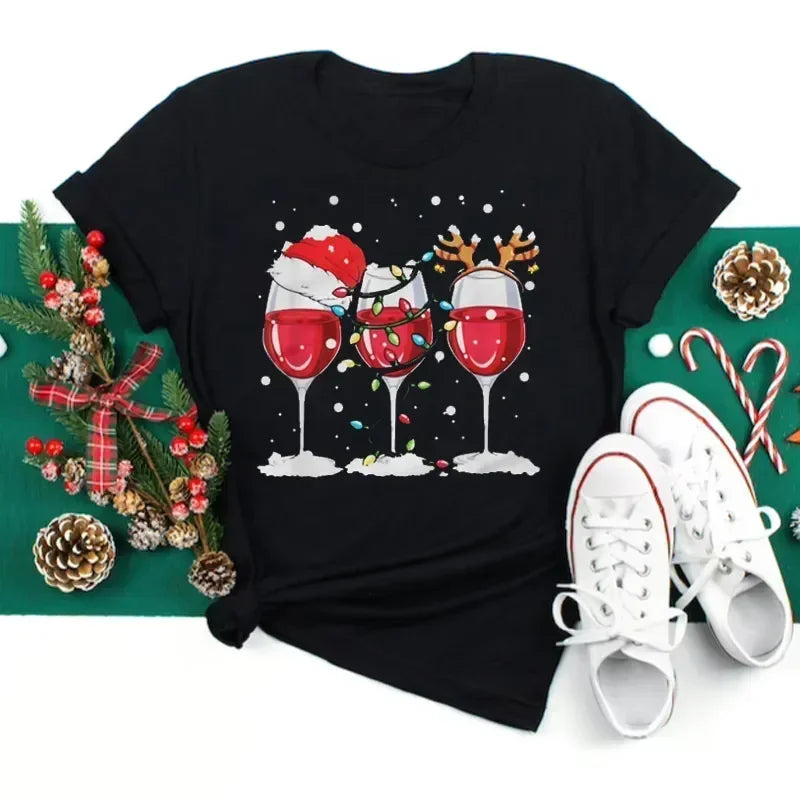 Wine Glass Christmas Black T-Shirt Fun Cartoon Xmas Gifts for Holiday Season & Festive Top Milanni Fashion