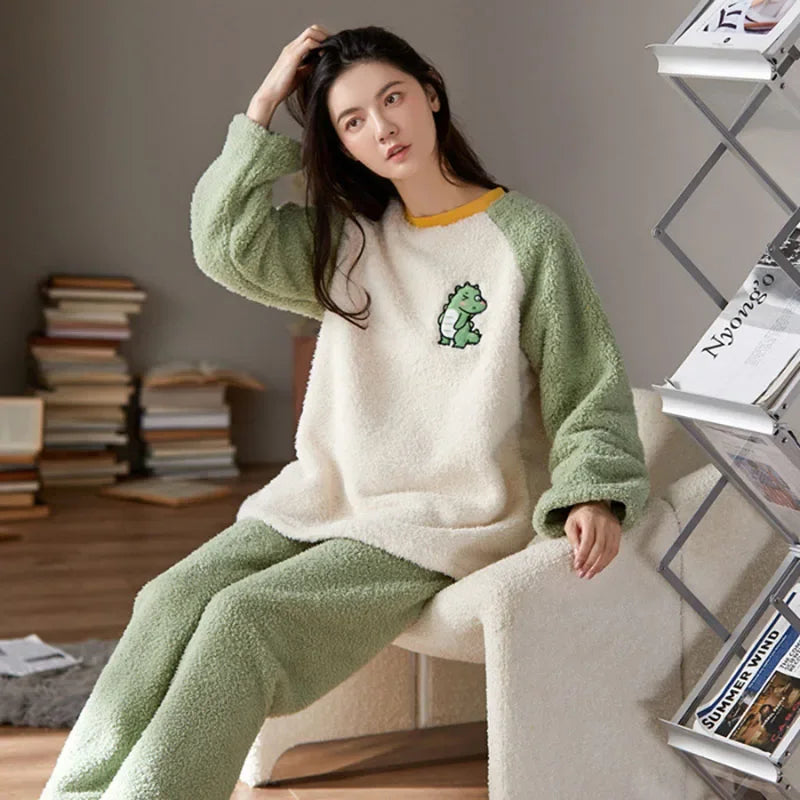 Thickened Warm Flannel Sleepwear Coral Velvet Pajamas Loungewear Set  Milanni Fashion Green XXL(70-80kg) 