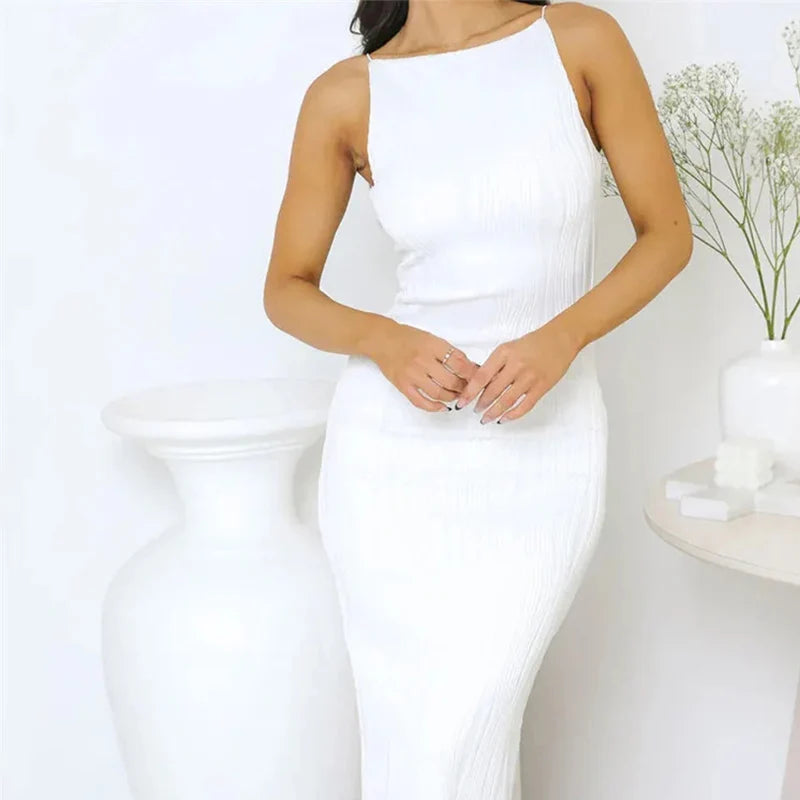 Sexy Women Long Dress Ruched Sleeveless Slim Solid Party Back Split Dress Midi Dress Milanni Fashion WHITE S 