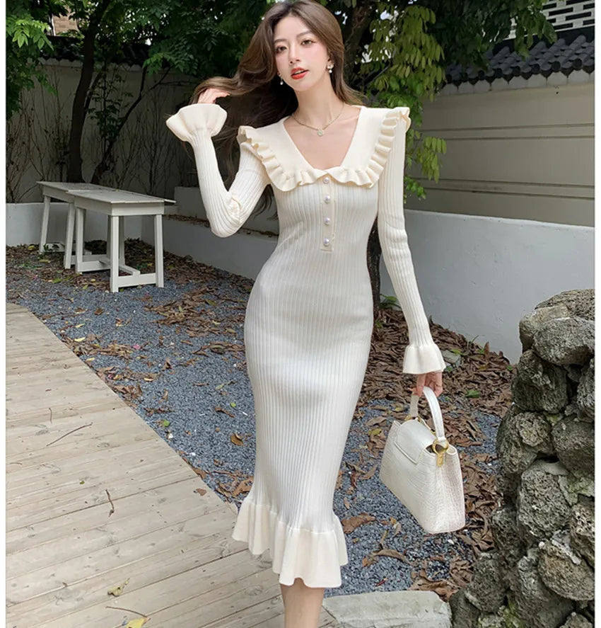 Ruffled Turn Down Collar Knitting Mermaid Dress French Fall Winter Flare Sleeve Stretch Sweater for Women Milanni Fashion Beige One Size