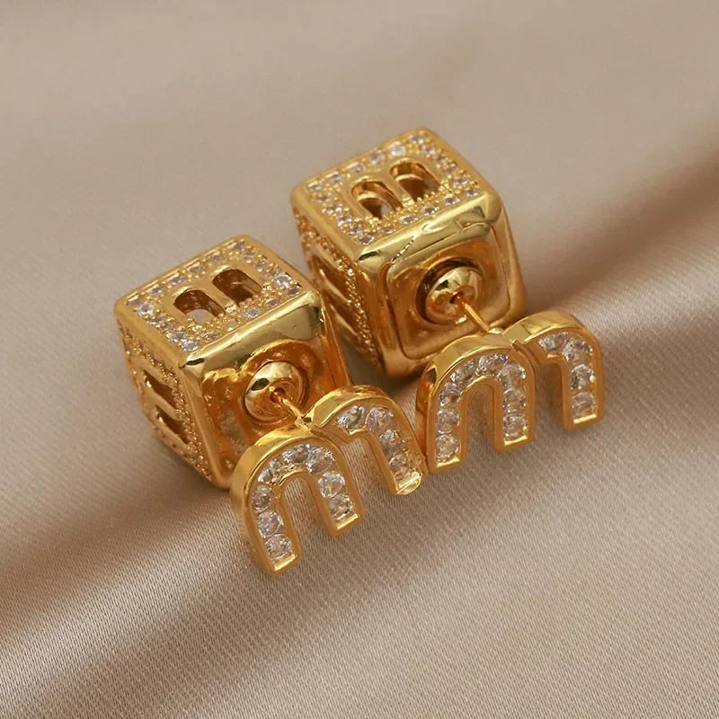 Crystal Double Side Letter M Stud Earrings Fashion Jewelry Luxury Zircon Square Earrings  Milanni Fashion Gold  