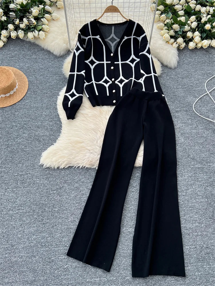 Single Breasted Cardigan and Wide Leg Long Pants Fashion Suit Knitted Two Piece Set Stylish and Comfortable Milanni Fashion Black One Size