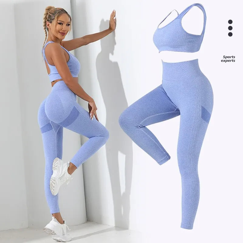 Basic Seamless High Stretch Yoga Set Tracksuit Gym Set Crisscross Back Cami Hip-hugging Tummy Control Leggings  Milanni Fashion   