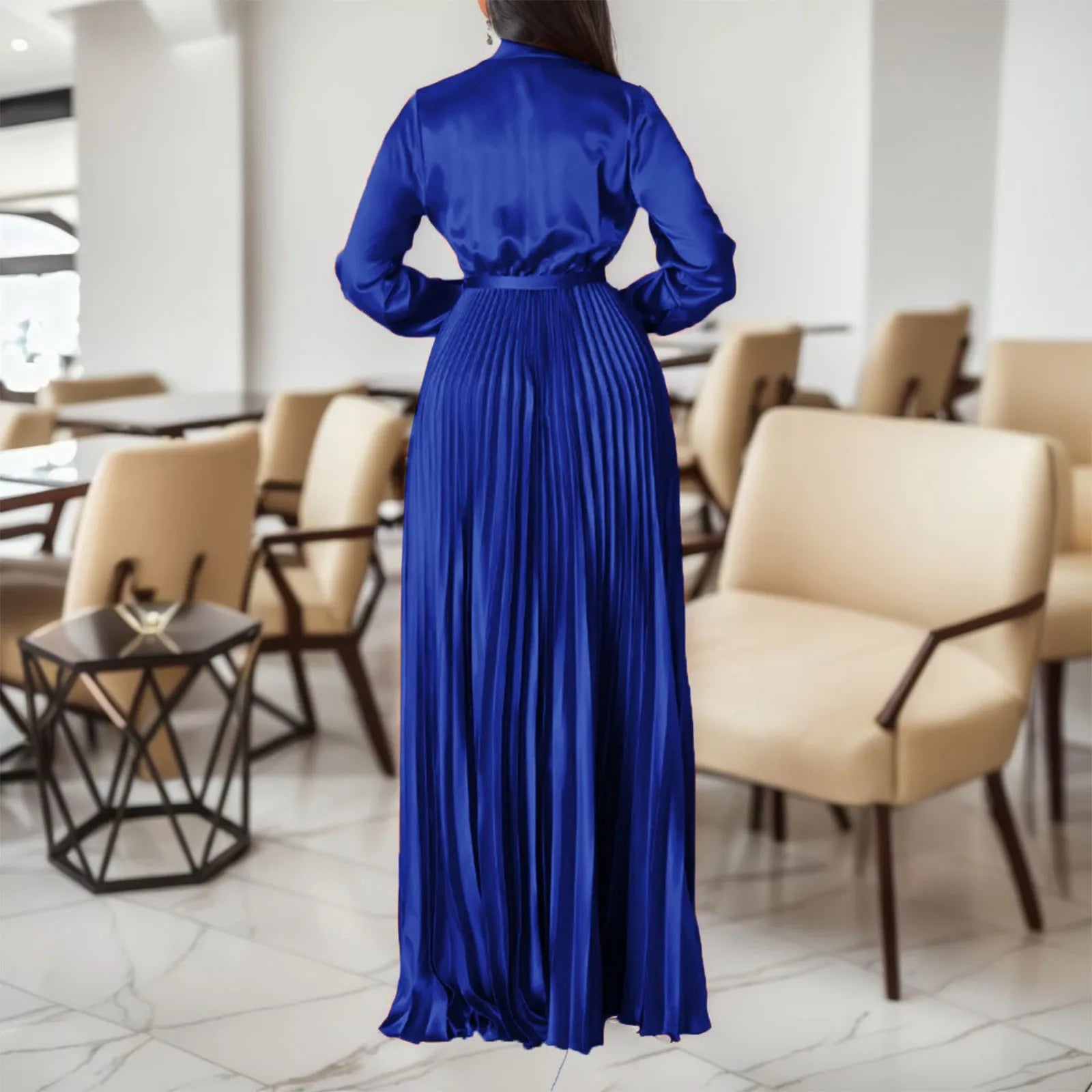 Sexy Pleated Evening Party Dress Women Solid Color Elegant Robe with Belt Maxi Dress Milanni Fashion   