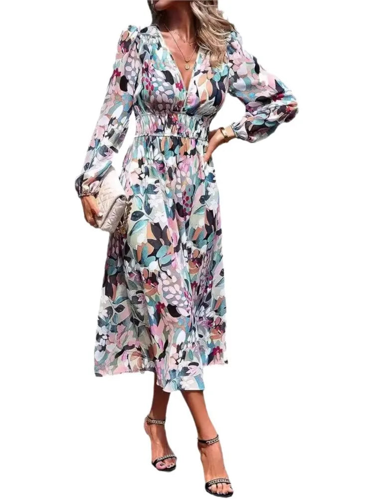 Women's 2024 Sexy V-neck Long-sleeved Dress Fashionable Floral Bohemian Resort Style Elegant Dress  Milanni Fashion   