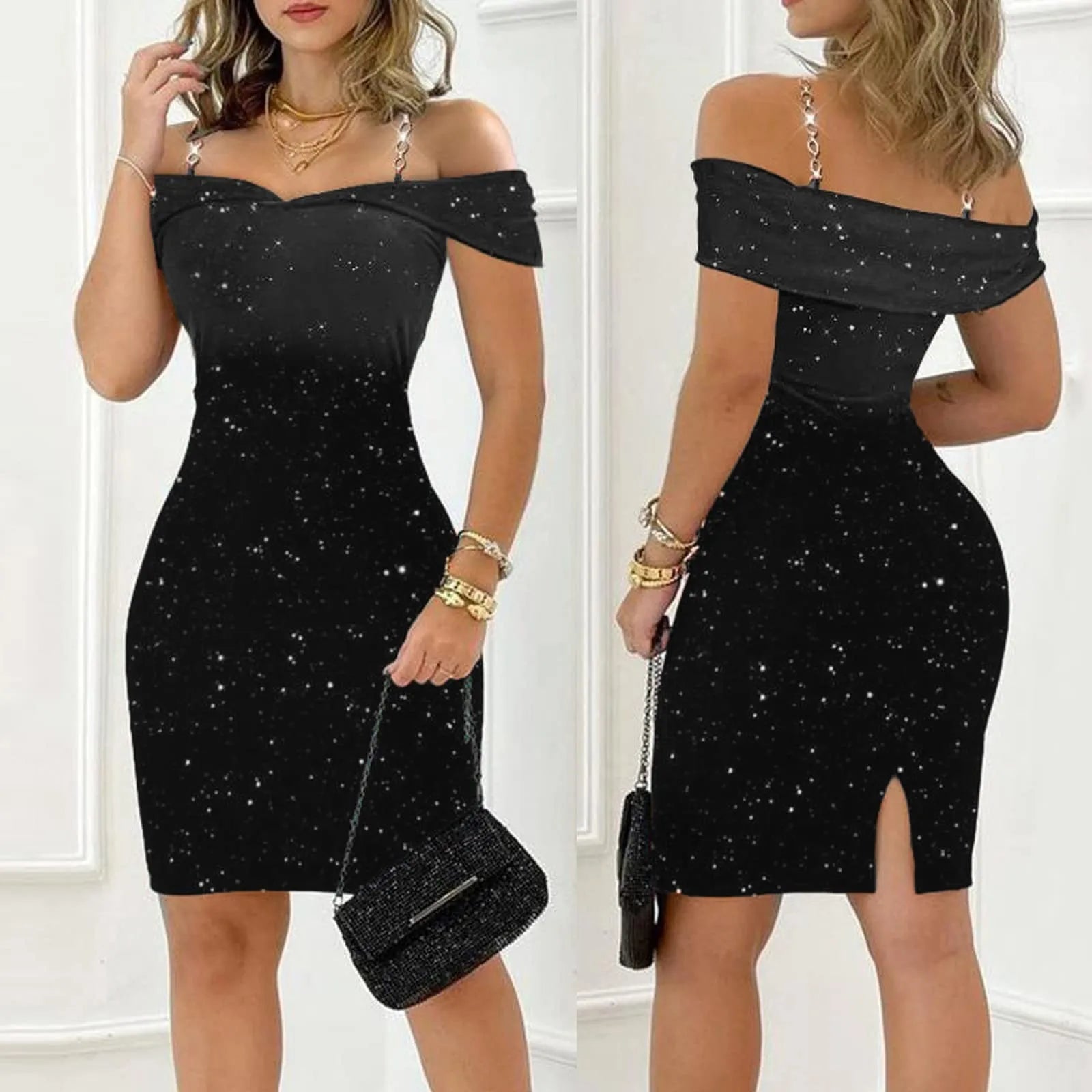 Off Shoulder Sexy Party Dress V-Neck Slim Fit Shiny Short Sleeve Chain Strap Elegant Robe Milanni Fashion