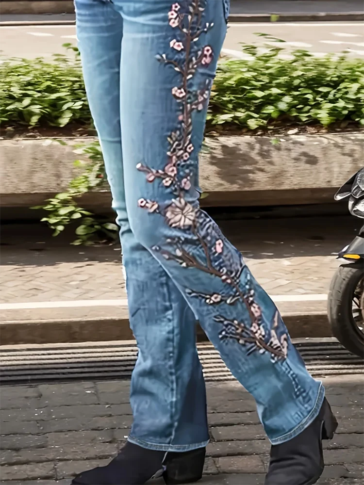 Fashion Vintage Embroidery Jeans for Women Flower Pants Plus Size Straight Leg Mid Waist Denim Trousers Milanni Fashion