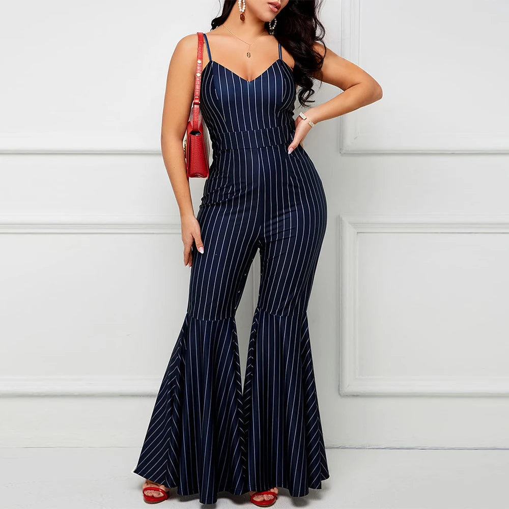 Vertical Striped Suspender Jumpsuit White-Collar Design with Bell-Bottom Pants  Milanni Fashion Blue M 