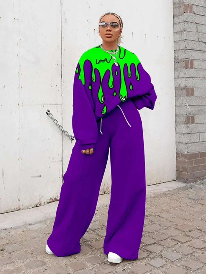 Oversized Tracksuit for Women Cartoon Print Pullover Sweatshirt & Wide Leg Pants Set Casual Outfit Milanni Fashion Purple S CN