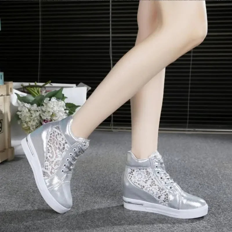 Leather High-Heeled Wedge Platform Sports Shoes Rubber Cloth Height Increase Silver Women Footwear Milanni Fashion