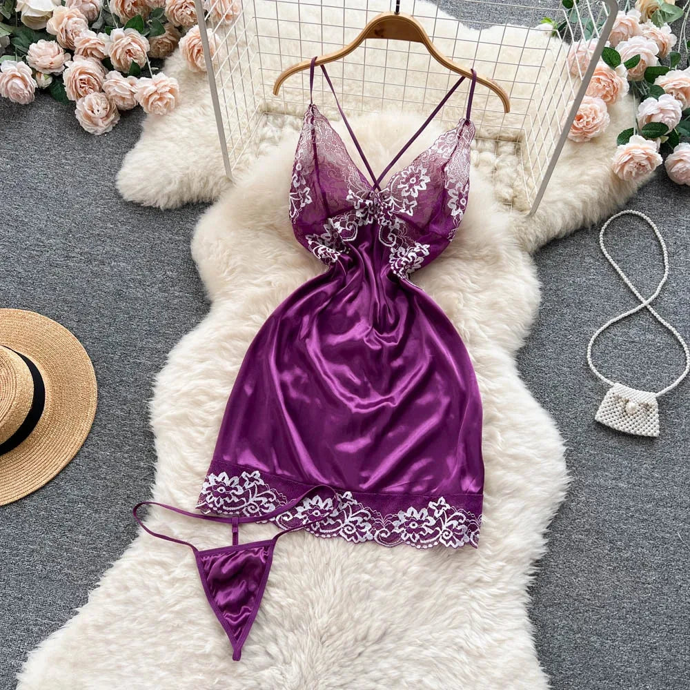 Women Night Dress Sleeveless Floral Lace Erotic Nightwear +Thongs Satin Sexy Short Dress  Milanni Fashion Purple L 