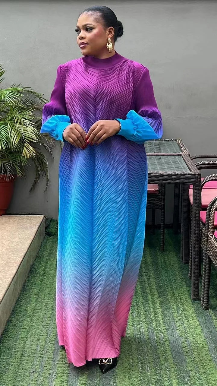 Pleated Maxi Long Dress Gradient Color Lantern Sleeves Half Turtleneck Formal Dress Maxi Dress Milanni Fashion PURPLE One Size 