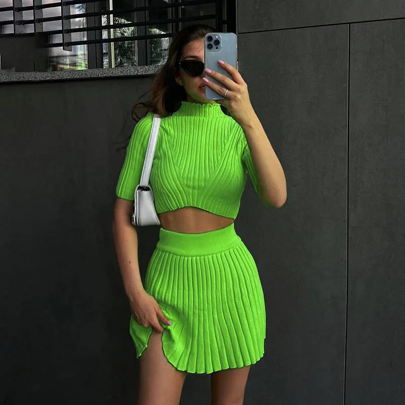 Fashionable Knitted Dress Set Sexy Pleated Matching Suit Winter Mini Skirt High Neck Top Set Milanni Fashion