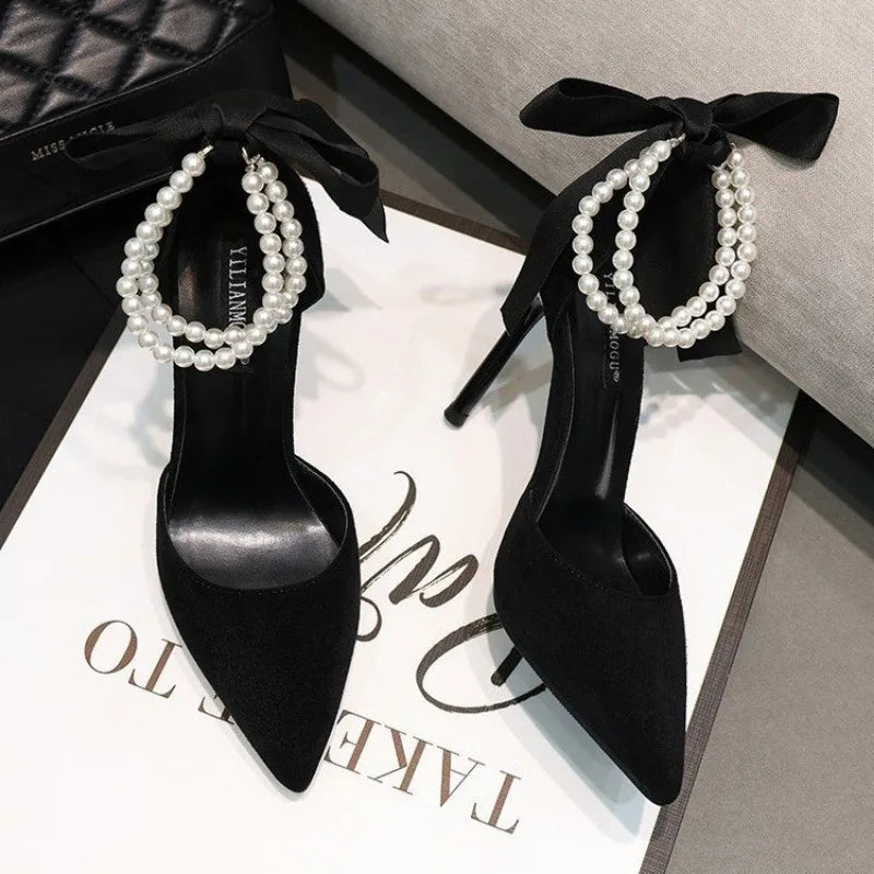 String Bead Pearls Bridal High Heels Sexy Black Pointed Toe Shoes Elegant Wedding Footwear for Women Milanni Fashion