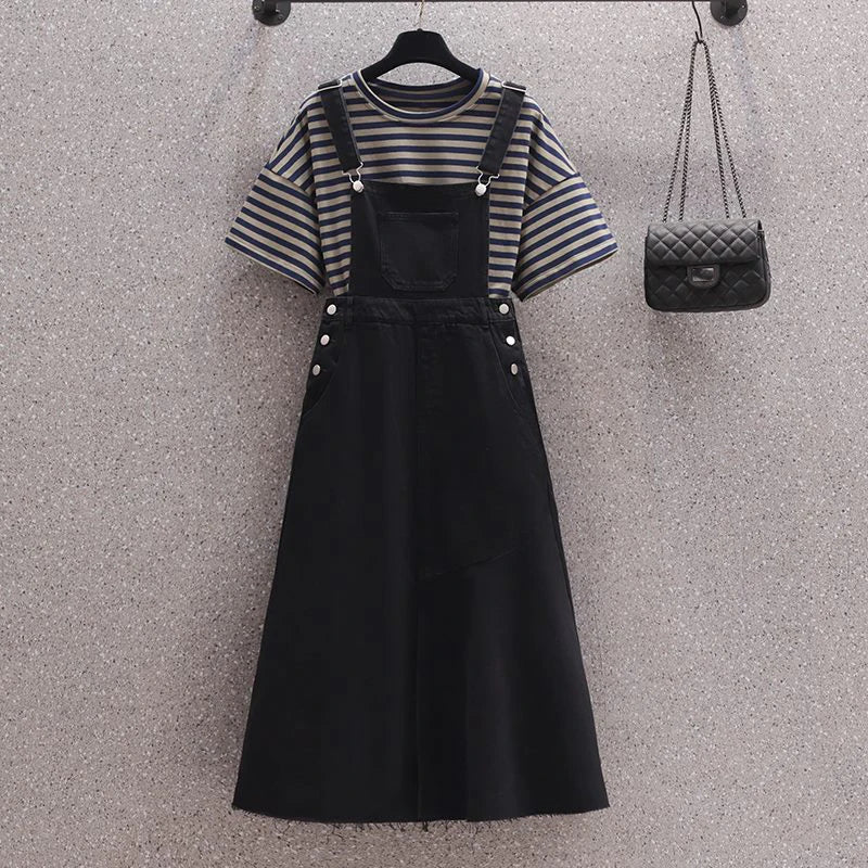 Denim Suit Horizontal Striped T-shirt and Raw Edge Strap Dress New Plus Size Women's Casual Outfit Milanni Fashion