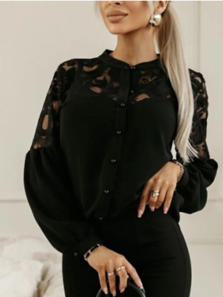 Lace Patchwork Hollow Out Shirt Women's Fashion Long Sleeve Top Stylish and Elegant Casual Wear Milanni Fashion