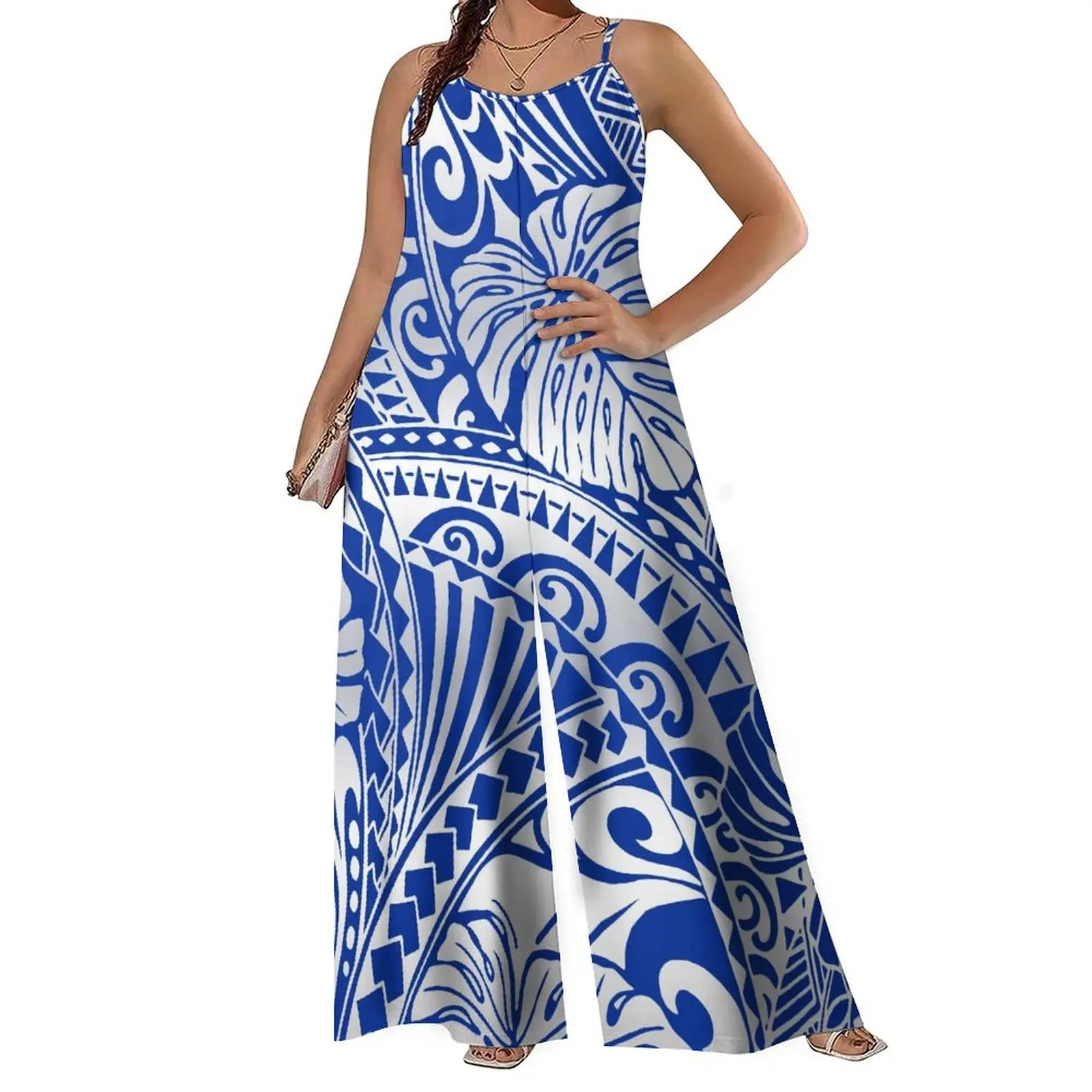 Halter Jumpsuit Wide Leg Loose Waist Pants with Polynesian Print Summer Casual Long Pantsuit for Women Milanni Fashion