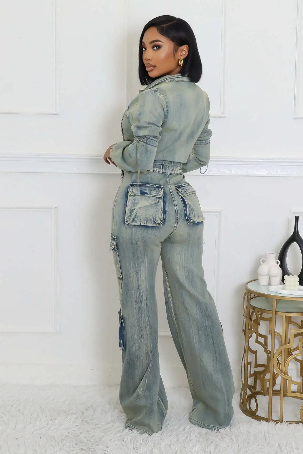 Fashion Stretch Denim Crop Jacket and Pocket Jeans Cargo Pants Casual Denim Two-Piece Suit for Women Milanni Fashion