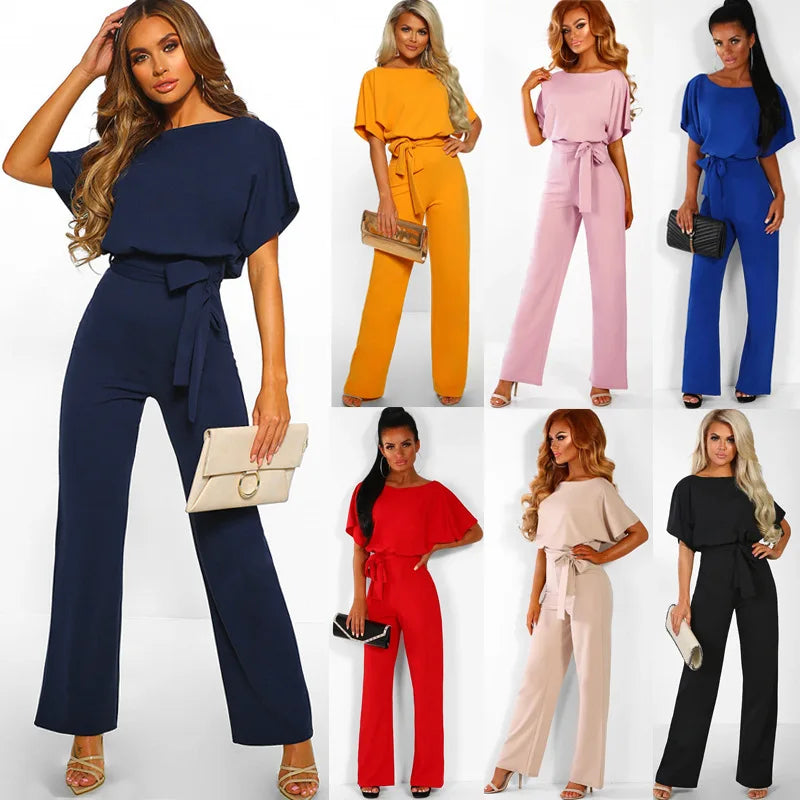 Short Sleeve Hollow Waist Tie Wide Leg Pants Bodysuit Solid Color Overall Fashionable Jumpsuit for Women Milanni Fashion