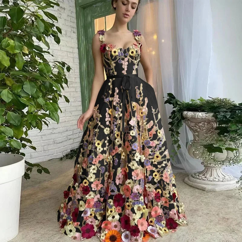 Fashionable Embroidered Flower Dress Sexy Sleeveless Women's Clothing Maxi Dress Milanni Fashion M black 