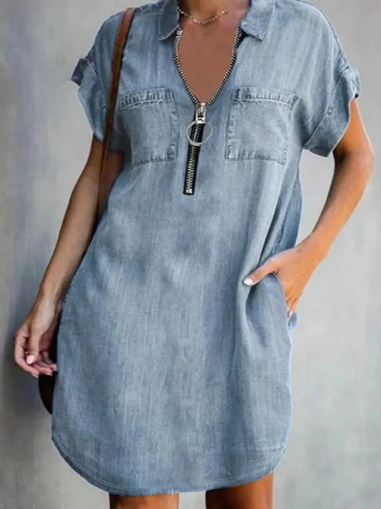 Short Sleeve Turn Down Collar Zipper Mini Dress Digital Print Imitation Denim Casual Women Dress Milanni Fashion