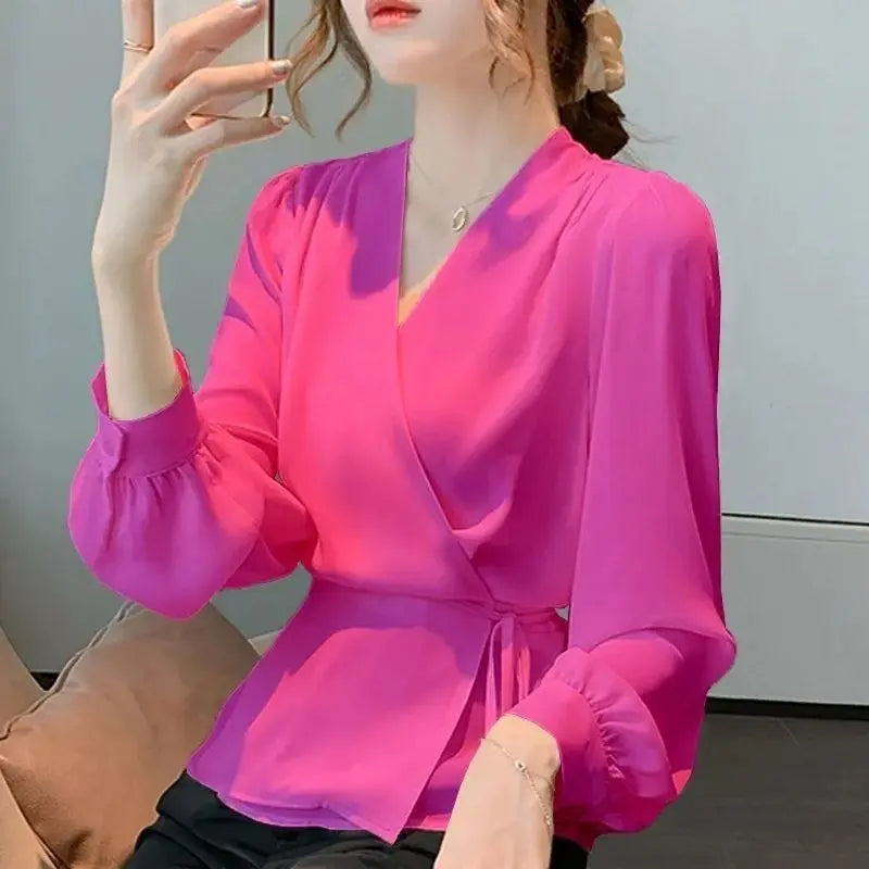 Stylish V-Neck Solid Color All-Match Bandage Chiffon Shirt Women's Spring Loose Korean Blouse Milanni Fashion