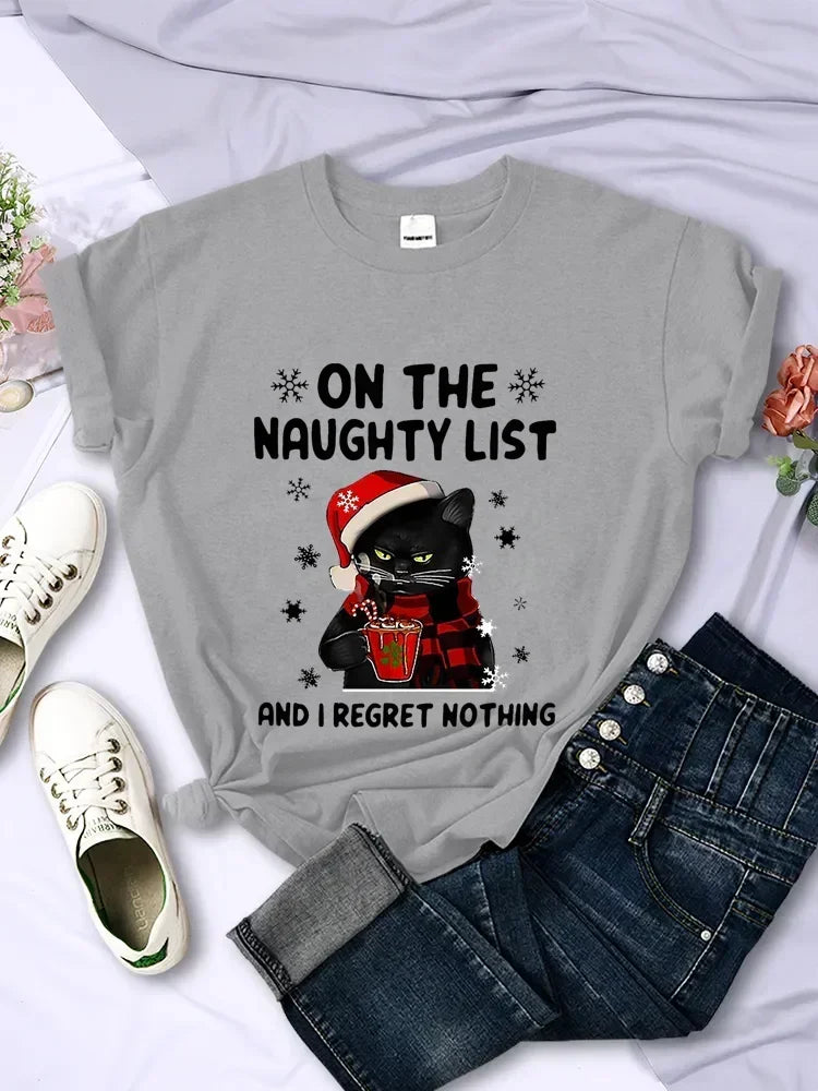 Christmas T-Shirt Santa Cat on the Naughty List & I Regret Nothing Fashion Top for Holiday Fun Milanni Fashion Grey S