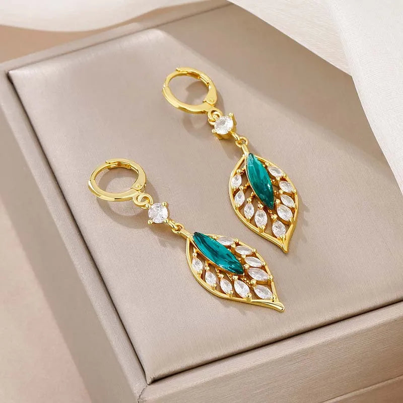 Elegant Green Crystal Leaf Tassel Earrings Cubic Zircon Wedding Jewelry Gift for Women Milanni Fashion