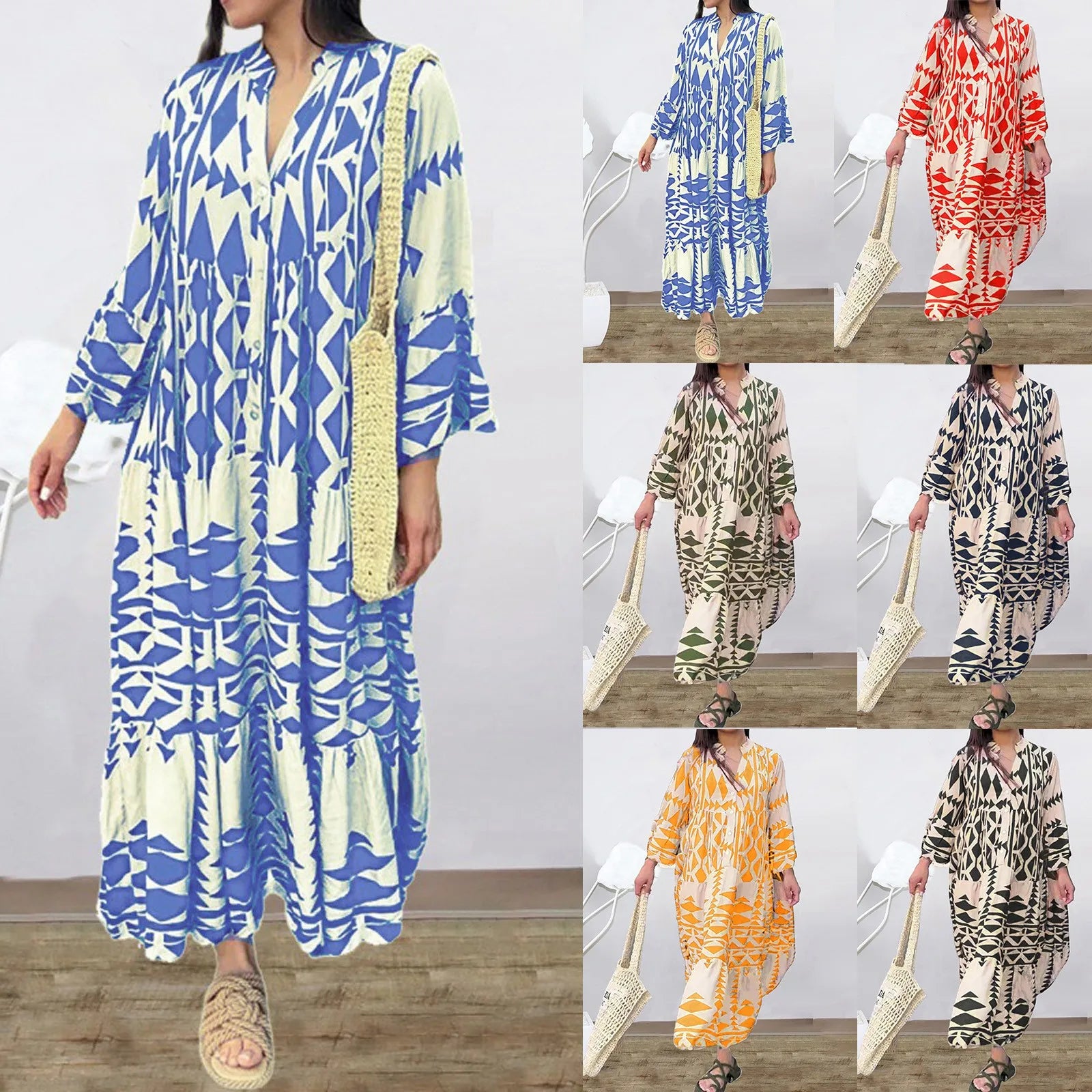 Women Long Sleeve Pleated Boho Print Long Dress Maxi Dress Milanni Fashion   