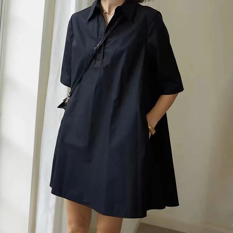 Elegant Lapel Loose Shirt Dress for Summer Casual Women’s Solid Half-Sleeved Pleated Dress Milanni Fashion Black L