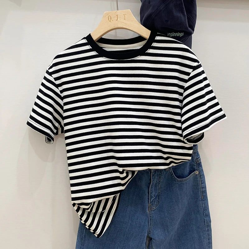 Basic Casual Short Sleeve Striped T-Shirt Versatile Women Top Stylish and Comfortable Everyday Wear Milanni Fashion Black L