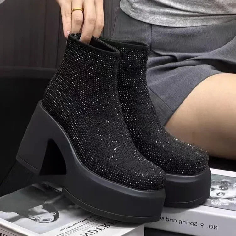 High Heels Ankle Boots Crystal Bright Diamond Fashion Modern Boots for Women Stylish Footwear Milanni Fashion Black 39