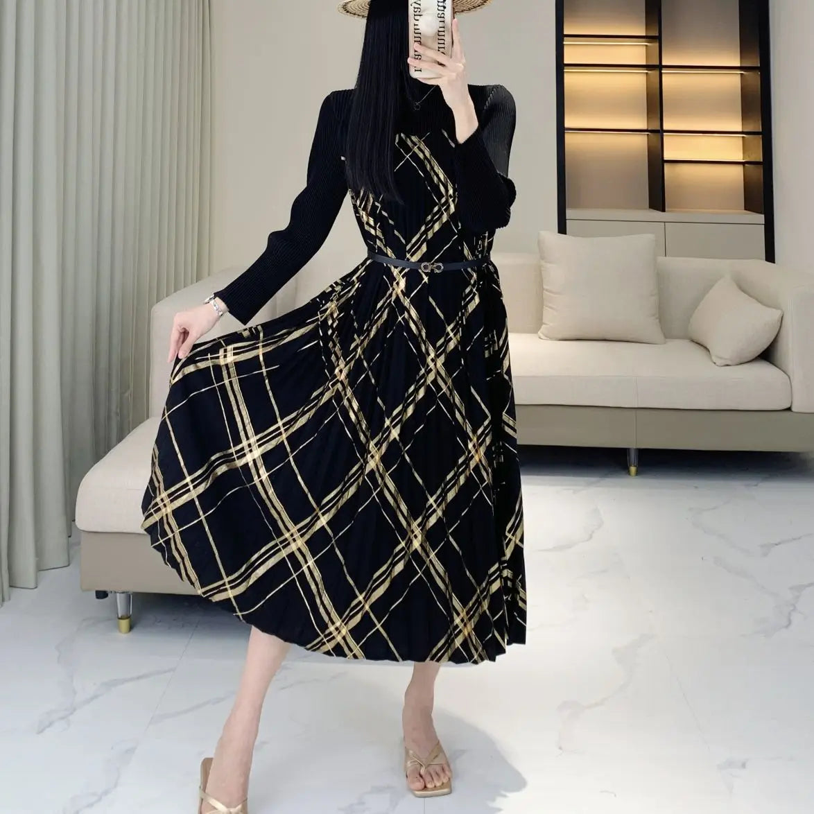 Fall Temperament Casual Pleated Skinny Pleated Skirt Women Clothing Maxi Dress Milanni Fashion   