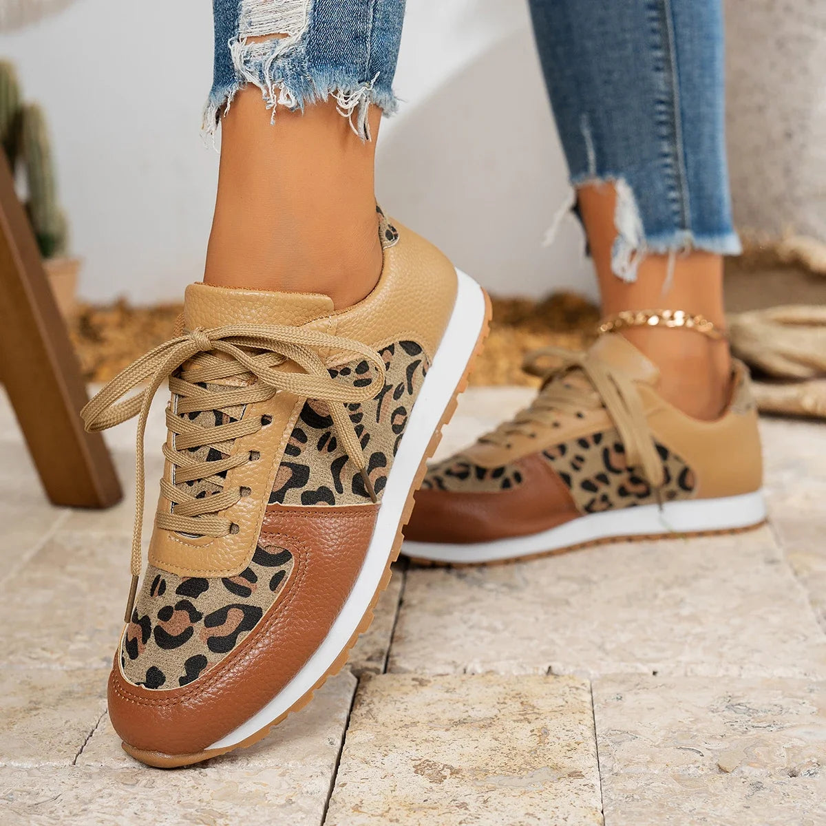 New Round Toe Low-top Leopard Wedge Sneakers Lace Up Sports Casual Shoes for Women Milanni Fashion