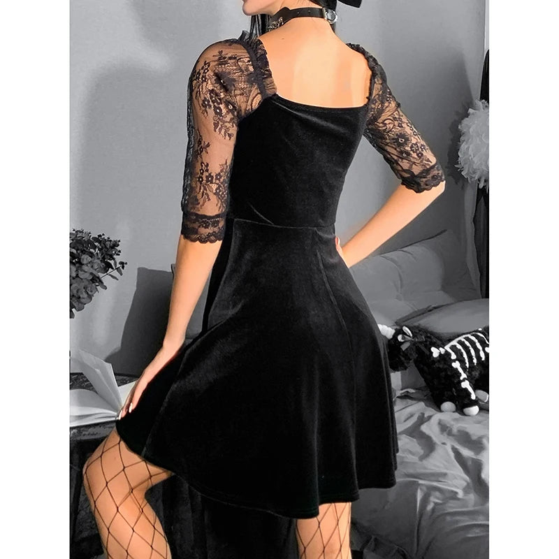 Gothic Lace Splicing Dress Women's Dark Style Directional Design Trendy Short Dress Milanni Fashion