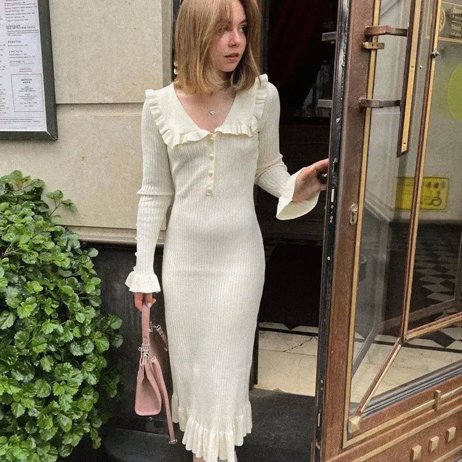 Knit Long Dress Flare Sleeve Slim Elegant Dress for Women Chic Casual Party Wear Evening Outfit Milanni Fashion Beige S