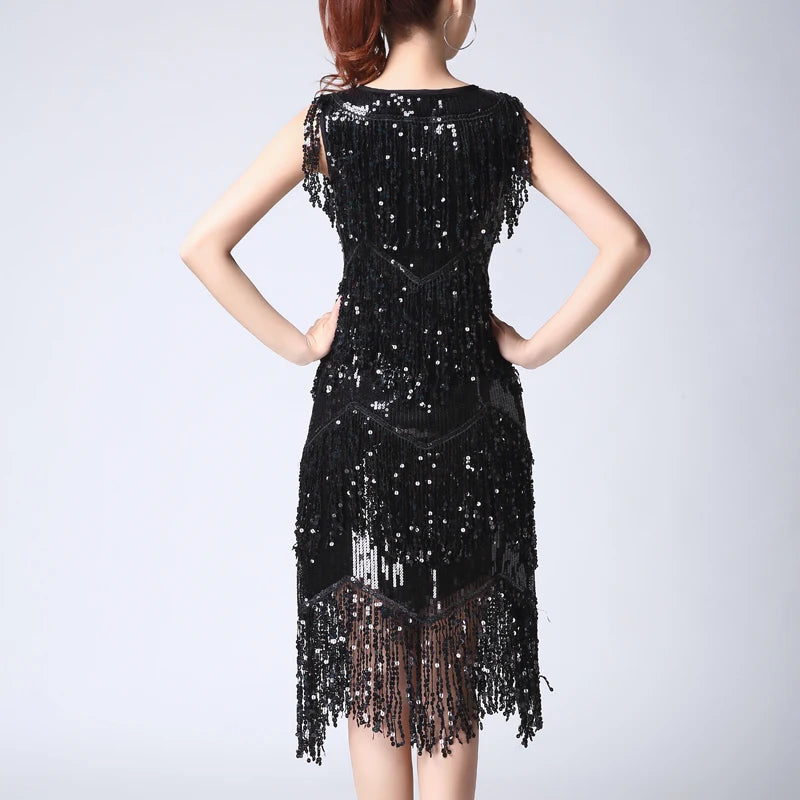 Shiny O-Neck Sleeveless 1920s Sequin Fringe Charleston Flapper Dance Dress Midi Dress Milanni Fashion   