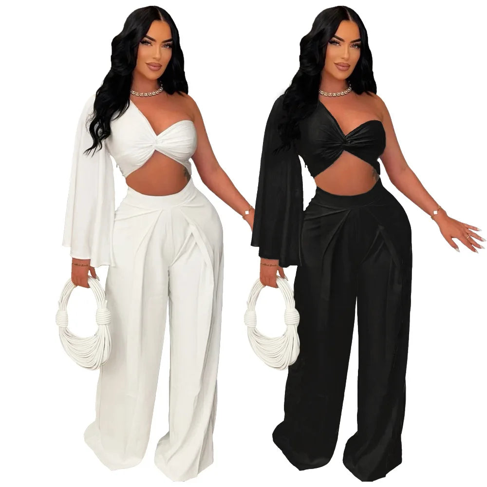 Ladies Sexy Matching Set Women Wide Leg Pant & One Shoulder Top Luxury Outfit  Milanni Fashion   