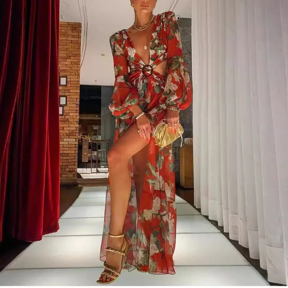 European and American Fashion Sexy Printed Lantern Long Sleeved V-neck Slit Dress Maxi Dress Milanni Fashion   