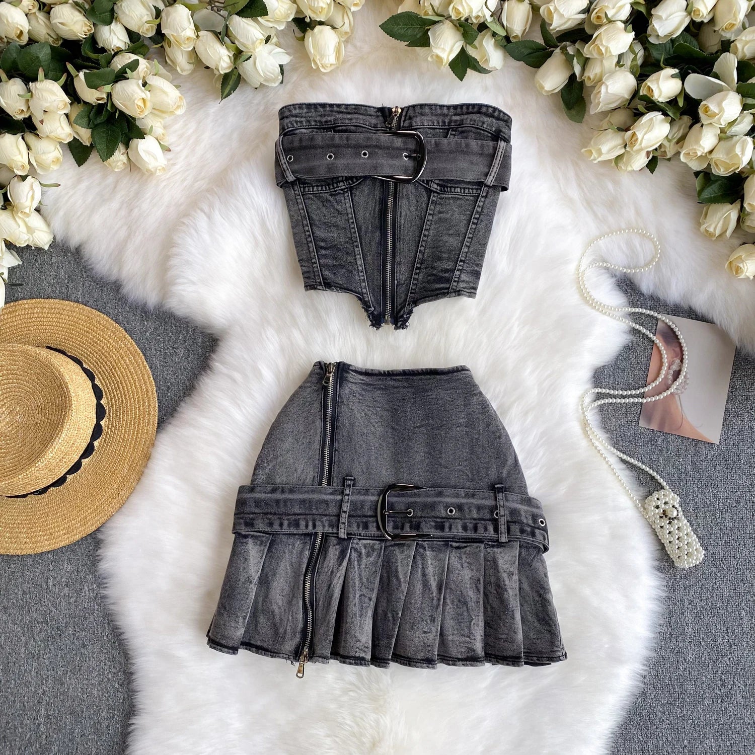 Chic Zipper Sashes Irregular Top And Belt Pleated Jeans Mini Skirt Women Two Piece Set  Milanni Fashion GRAY L 